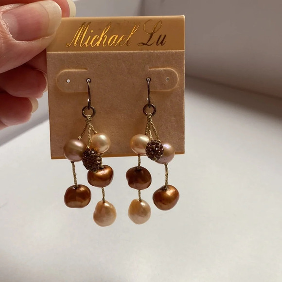 Michael Lu Cultured Pearl Dangling Earrings Brown Natural Date Night Wedding - Picture 2 of 4